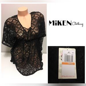 🆕MIKEN SWIM - SLIGHT DEFECT - S - NWT - BLACK CROCHET COVER UP / KAFTAN TUNIC